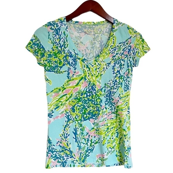 LILLY PULITZER V Neck Coral Reef Print Top Size XXS in Light Blue, Pink, Yellow - Picture 11 of 11